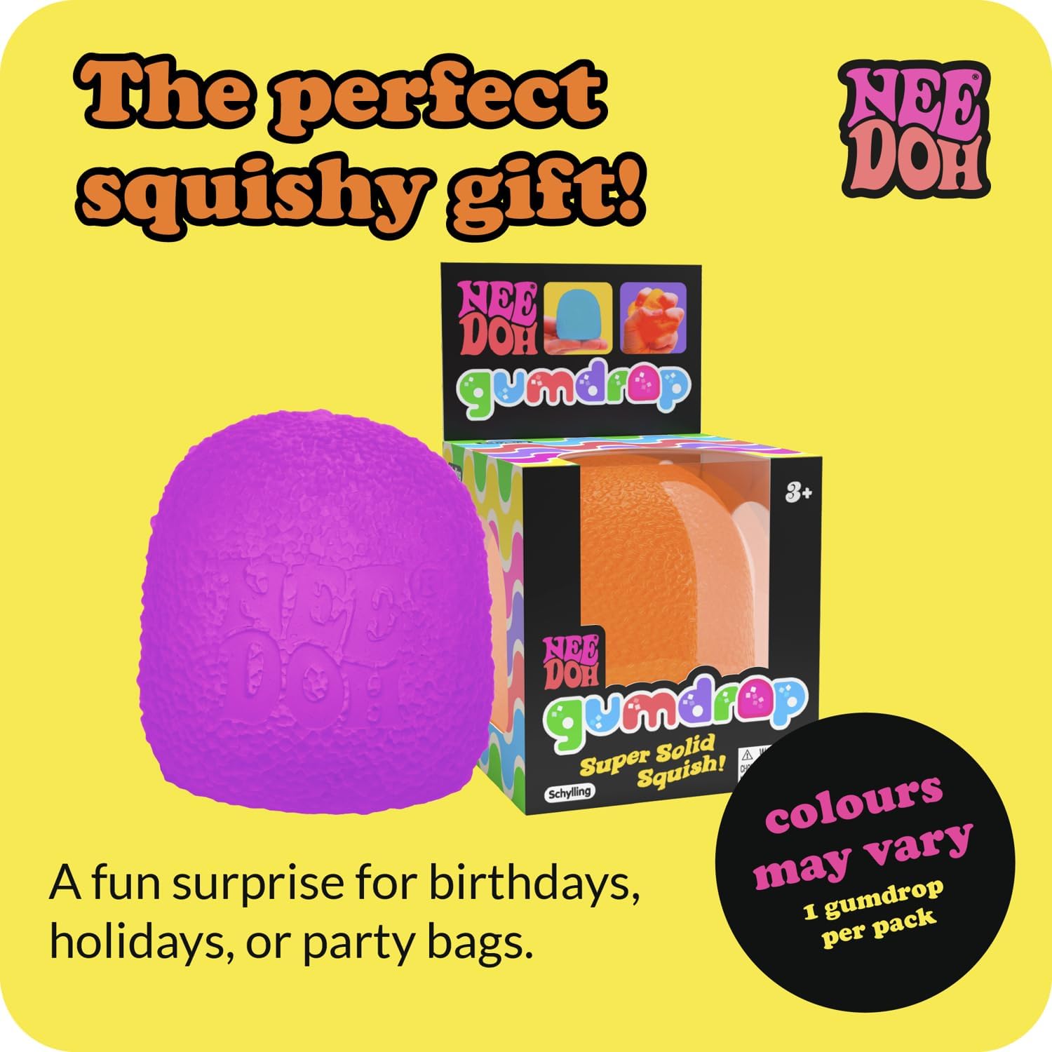 Schylling NeeDoh Gumdrop – Textured Sensory Toy with Super Solid Squish – 2.5″ Tall – Colors May Vary (Pack of 1)